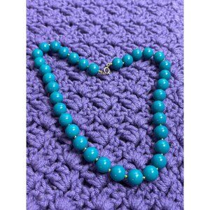 Vintage Teal Plastic Beaded Necklace Goldtone Spacer Beads Spring Ring Clasp 18"